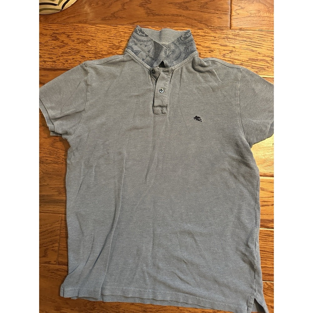 ETRO Italy Mens Medium Blue Paisley Undercollar Polo Shirt Pegasus Logo
